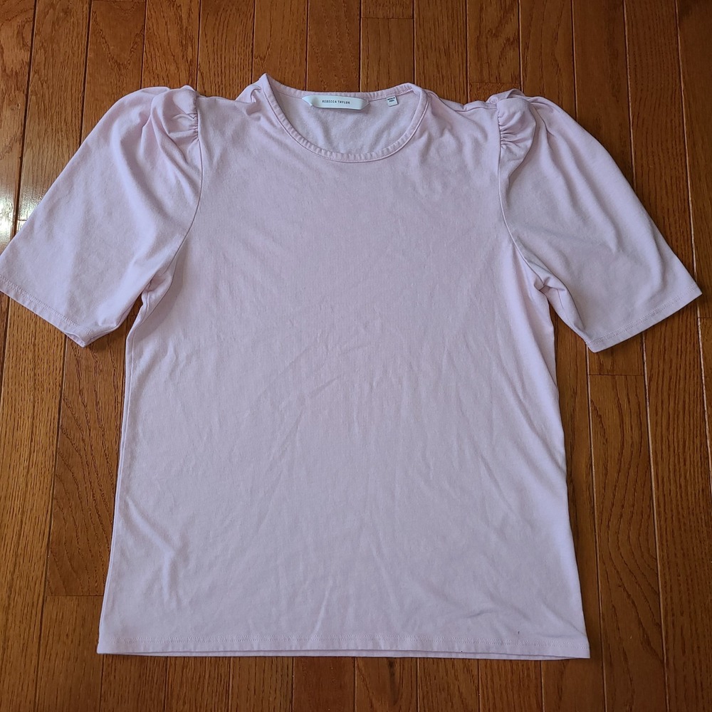 $66 Rebecca Taylor Women's PINK Round-Neck Short Puff Sleeve Top Size S Preppy